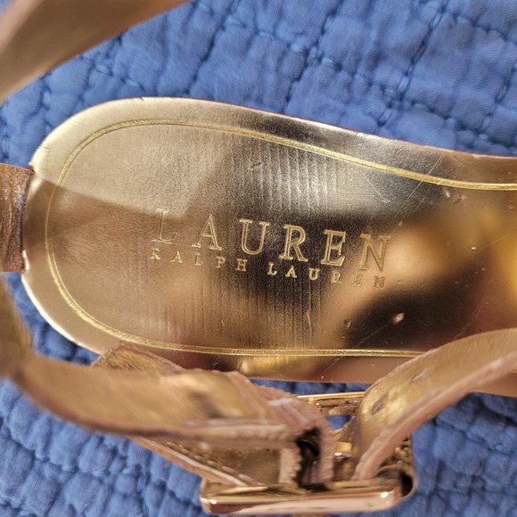 Ralph Lauren Gold Leather Low Heel Sandals Size 7 - Picture 4 of 11